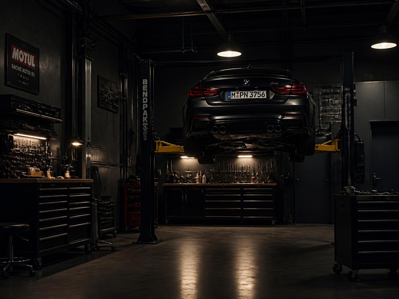 Car raised on a two-post lift inside the workshop