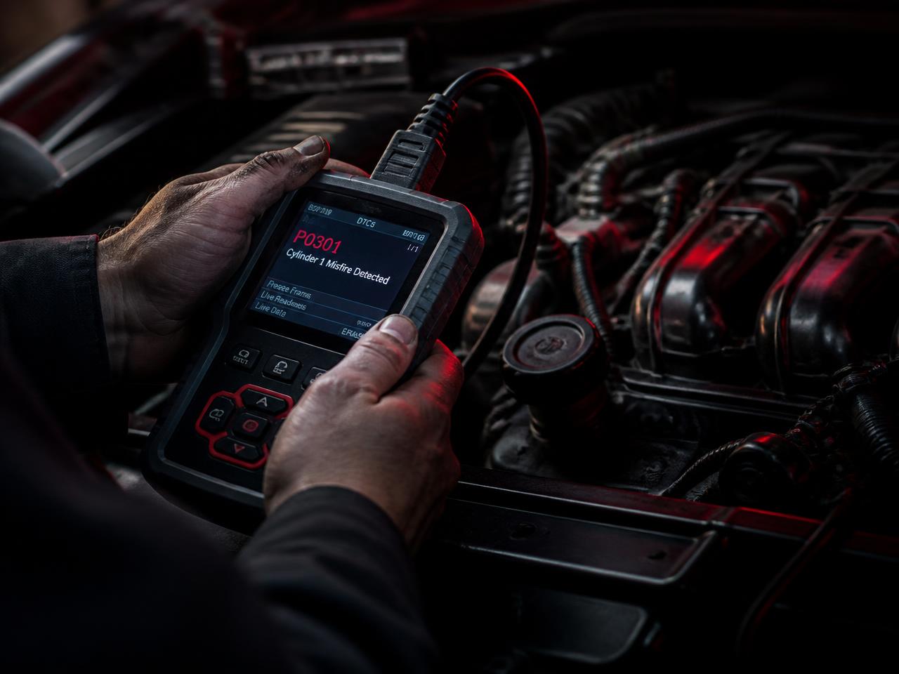 Mechanic reading fault codes with a diagnostic scanner in an engine bay