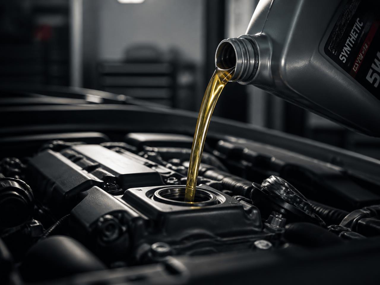 Fresh synthetic oil being poured into an engine during a service
