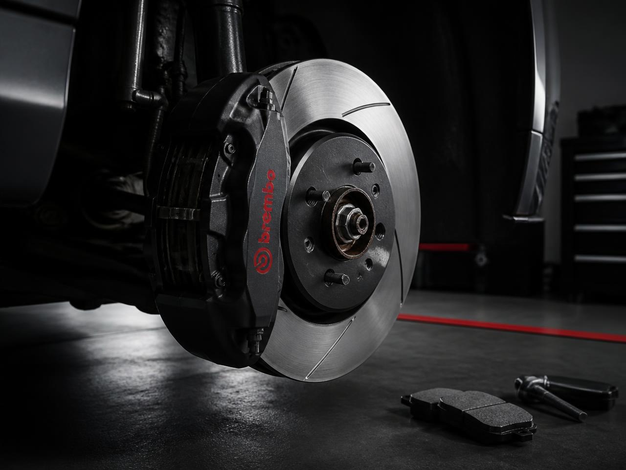 Brake disc and caliper during a brake service with new pads ready